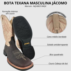 Bota Texana Masculina Jácomo Couro Cabeça De Boi Café Confort Deserto Ref: 40031/MQV