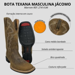 Bota Texana Masculina Jácomo Bico Quadrado Couro Crazy Havana/Crazy Havana Com Bordado Cano REF: 2741/UM