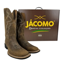 Bota Texana Masculina Jácomo Bico Quadrado Couro Crazy Havana/Crazy Havana Com Bordado Cano REF: 2741/UM