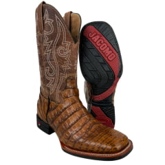 Bota Texana Masculina Jácomo Bico Quadrado Couro Jacaré Açu Barriga/Fóssil Buf Sella REF: 3132/PGD