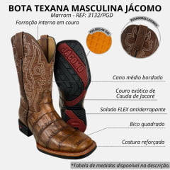 Bota Texana Masculina Jácomo Bico Quadrado Couro Jacaré Açu Cauda Conhaque/Fóssil Buf Sella REF: 3132/PGD