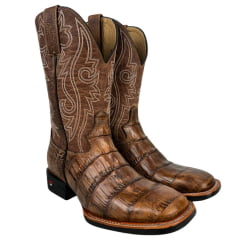 Bota Texana Masculina Jácomo Bico Quadrado Couro Jacaré Açu Cauda Conhaque/Fóssil Buf Sella REF: 3132/PGD