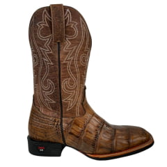 Bota Texana Masculina Jácomo Bico Quadrado Couro Jacaré Açu Cauda Conhaque/Fóssil Buf Sella REF: 3132/PGD