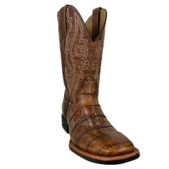 Bota Texana Masculina Jácomo Bico Quadrado Couro Jacaré Açu Cauda Conhaque/Fóssil Buf Sella REF: 3132/PGD