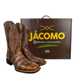 Bota Texana Masculina Jácomo Bico Quadrado Couro Jacaré Açu Cauda Conhaque/Fóssil Buf Sella REF: 3132/PGD