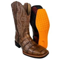 Bota Texana Masculina Jácomo Bico Quadrado Couro Jacaré Açu Cauda Conhaque/Fóssil Buf Sella REF: 3132/PGD