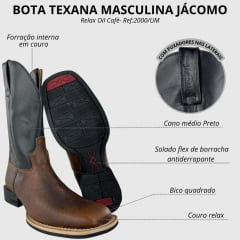 Bota Texana Masculina Jácomo Couro Relax Oil Café Cano Preto Ref: 2000/UM