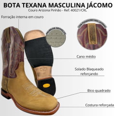 Bota Texana Masculina Jácomo Bico Quadrado Couro Arizona Pinhão Veneza Cabernet Ref:40021/CRL