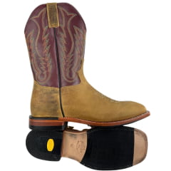 Bota Texana Masculina Jácomo Bico Quadrado Couro Arizona Pinhão Veneza Cabernet Ref:40021/CRL