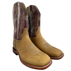 Bota Texana Masculina Jácomo Bico Quadrado Couro Arizona Pinhão Veneza Cabernet Ref:40021/CRL