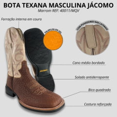 Bota Texana Masculina Jácomo Bico Quadrado Couro Cabeça De Boi Tan/Confort Deserto Cano Bege REF: 40011/MQV