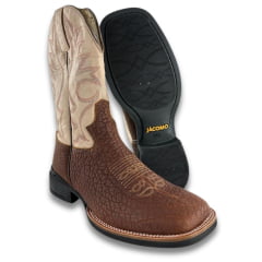 Bota Texana Masculina Jácomo Bico Quadrado Couro Cabeça De Boi Tan/Confort Deserto Cano Bege REF: 40011/MQV