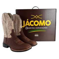 Bota Texana Masculina Jácomo Bico Quadrado Couro Cabeça De Boi Tan/Confort Deserto Cano Bege REF: 40011/MQV