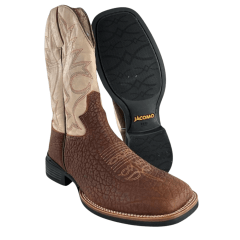 Bota Texana Masculina Jácomo Bico Quadrado Couro Cabeça De Boi Tan/Confort Deserto Cano Bege REF: 40011/MQV