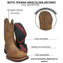 Bota Texana Masculina Jácomo Bico Quadrado Couro Crazy Amendoa Ref:2981/PGD