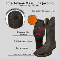 Bota Texana Masculina Jácomo Bico Quadrado Couro Crazy Havana Ref:2391/FXD