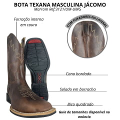 Bota Texana Masculina Jácomo Bico Quadrado Couro Fóssil Oil Café Ref:3121/UM-UMG