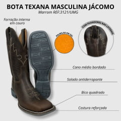 Bota Texana Masculina Jácomo Bico Quadrado Couro Fóssil Oil Café Ref.3121/UMG