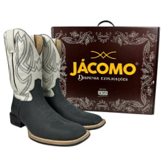 Bota Texana Masculina Jácomo Bico Quadrado Couro Mamute Oil Preto/Napa Marfim Ref.3061/UM