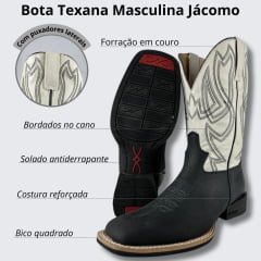 Bota Texana Masculina Jácomo Bico Quadrado Couro Mamute Oil Preto/Napa Marfim Ref.3061/UM