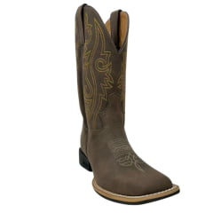 Bota Texana Masculina Jácomo Bico Quadrado Couro Mustang Dark Brown Com Bordado Cano Amarelo Ref.3131/UM