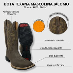 Bota Texana Masculina Jácomo Bico Quadrado Couro Mustang Dark Brown Com Bordado Cano Amarelo Ref.3131/UM