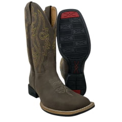 Bota Texana Masculina Jácomo Bico Quadrado Couro Mustang Dark Brown Com Bordado Cano Amarelo Ref.3131/UM