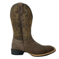 Bota Texana Masculina Jácomo Bico Quadrado Couro Mustang Dark Brown Com Bordado Cano Amarelo Ref.3131/UM