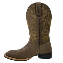 Bota Texana Masculina Jácomo Bico Quadrado Couro Mustang Dark Brown Com Bordado Cano Amarelo Ref.3131/UM