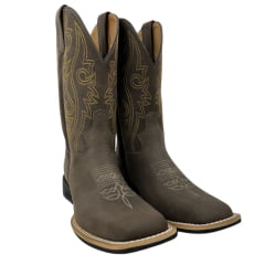 Bota Texana Masculina Jácomo Bico Quadrado Couro Mustang Dark Brown Com Bordado Cano Amarelo Ref.3131/UM