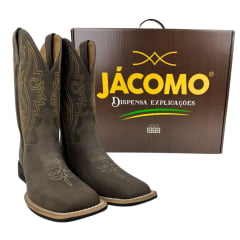 Bota Texana Masculina Jácomo Bico Quadrado Couro Mustang Dark Brown Com Bordado Cano Amarelo Ref.3131/UM