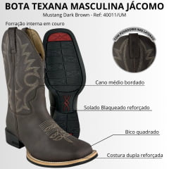Bota Texana Masculina Jácomo Bico Quadrado Couro Mustang Dark Brown Com Bordado Creme Ref:40011/UM