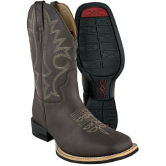 Bota Texana Masculina Jácomo Bico Quadrado Couro Mustang Dark Brown Com Bordado Creme Ref:40011/UM
