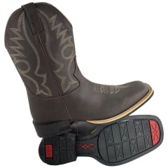 Bota Texana Masculina Jácomo Bico Quadrado Couro Mustang Dark Brown Com Bordado Creme Ref:40011/UM