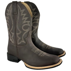 Bota Texana Masculina Jácomo Bico Quadrado Couro Mustang Dark Brown Com Bordado Creme Ref:40011/UM