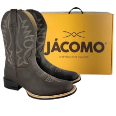 Bota Texana Masculina Jácomo Bico Quadrado Couro Mustang Dark Brown Com Bordado Creme Ref:40011/UM