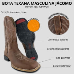 Bota Texana Masculina Jácomo Bico Quadrado Couro Mustang Sella Cano Bordado REF: 40041/UM