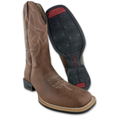 Bota Texana Masculina Jácomo Bico Quadrado Couro Mustang Sella Cano Bordado REF: 40041/UM