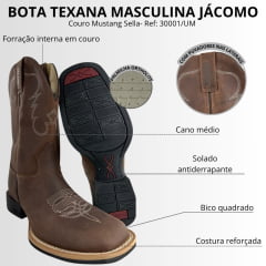 Bota Texana Masculina Jácomo Bico Quadrado Couro Mustang Sella Ref:30001/UM