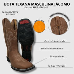 Bota Texana Masculina Jácomo Bico Quadrado Couro Mustang Sella Ref.3141/UMP