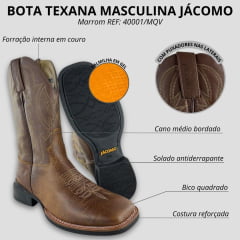 Bota Texana Masculina Jácomo Bico Quadrado Couro Relax Oil Café/Confort Cano Chocolate REF: 40001/MQV