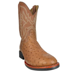 Bota Texana Masculina Jácomo Bico Redondo Couro Avestruz Cheio Conhaque Solado Preto E Azul Ref:40032/GP