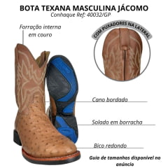 Bota Texana Masculina Jácomo Bico Redondo Couro Avestruz Cheio Conhaque Solado Preto E Azul Ref:40032/GP
