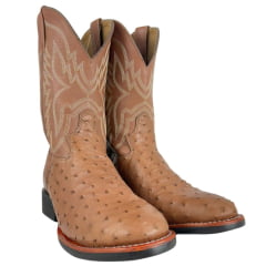 Bota Texana Masculina Jácomo Bico Redondo Couro Avestruz Cheio Conhaque Solado Preto E Azul Ref:40032/GP