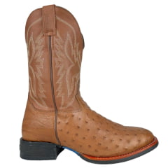 Bota Texana Masculina Jácomo Bico Redondo Couro Avestruz Cheio Conhaque Solado Preto E Azul Ref:40032/GP