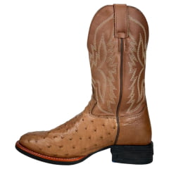 Bota Texana Masculina Jácomo Bico Redondo Couro Avestruz Cheio Conhaque Solado Preto E Azul Ref:40032/GP