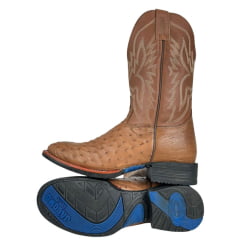 Bota Texana Masculina Jácomo Bico Redondo Couro Avestruz Cheio Conhaque Solado Preto E Azul Ref:40032/GP