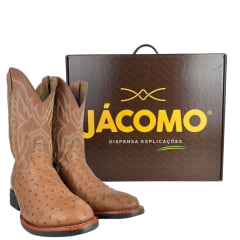 Bota Texana Masculina Jácomo Bico Redondo Couro Avestruz Cheio Conhaque Solado Preto E Azul Ref:40032/GP