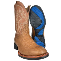 Bota Texana Masculina Jácomo Bico Redondo Couro Avestruz Liso Conhaque Solado Preto E Azul Ref:40032/GP Bota Texana Masculina Jácomo Bico Redondo Couro Avestruz Liso Conhaque Solado Preto E Azul Ref:40032/GP