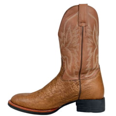 Bota Texana Masculina Jácomo Bico Redondo Couro Avestruz Liso Conhaque Solado Preto E Azul Ref:40032/GP